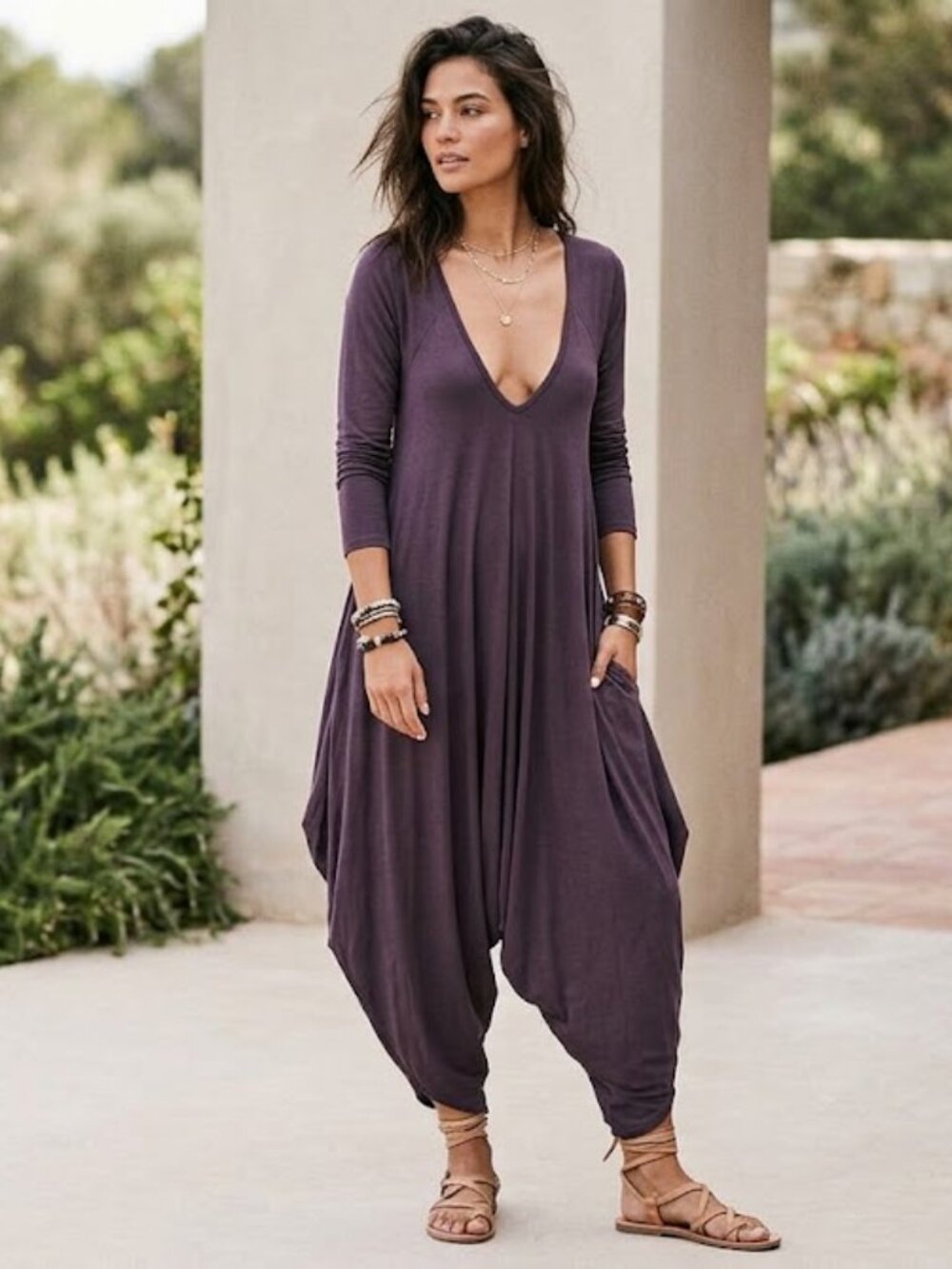 Made in Italy Plum Draped V-Neck Harem Jumpsuit Women's Size L
